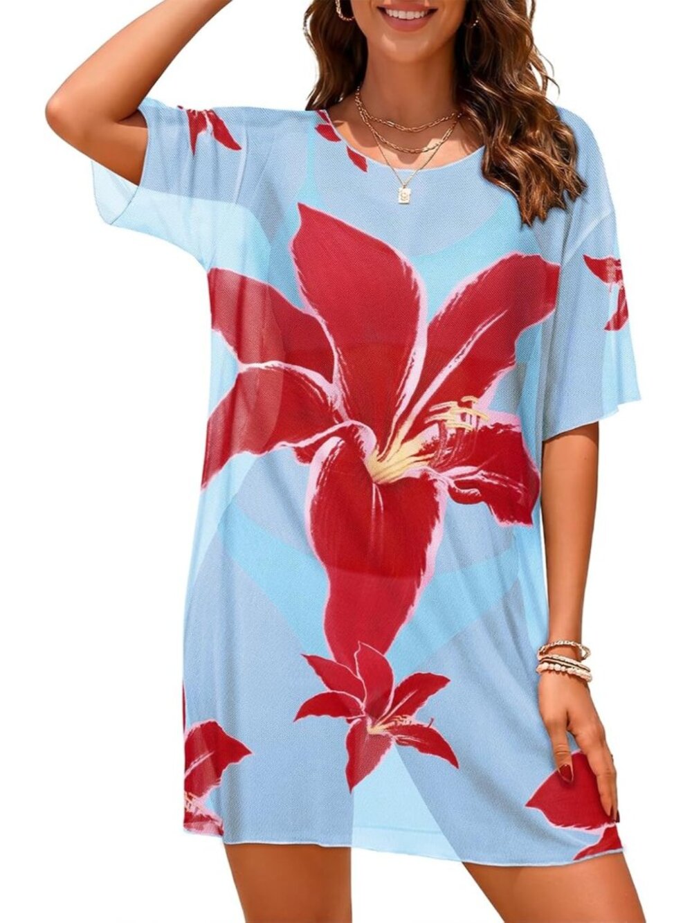 Women's Blue Red Round Neck Mesh Summer Sheer Stretch Short Sleeve Cover Up